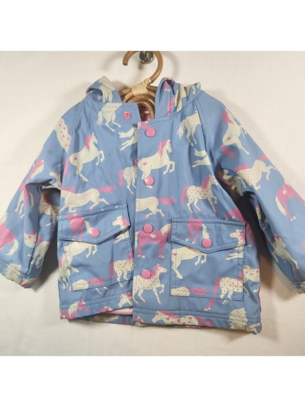 Hatley Girls Blue Pink‎ Horse Print Hooded Raincoat Jacket 6-12M